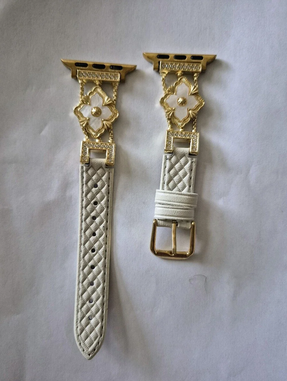White Leather Watch Band with Gold Floral Connector